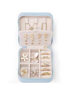 Small Travel Jewelry Box Case Organizer Blue Leather Earring Necklace Ring Gift